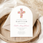 宗教的エレガントなピンクのフローラクロスバプテスムアーチ 招待状