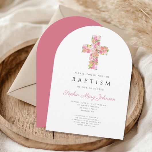 宗教的エレガントなピンクのフローラクロスバプテスムアーチ 招待状