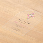 宗教的エレガントなピンクのフローラクロス洗礼 アクリル招待状 (レイダウン)