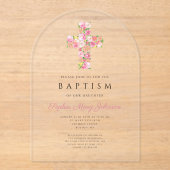 宗教的エレガントなピンクのフローラクロス洗礼 アクリル招待状 (正面)