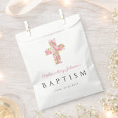 宗教的エレガントなピンクのフローラクロス洗礼 フェイバーバッグ (クリップ留めされた状態)
