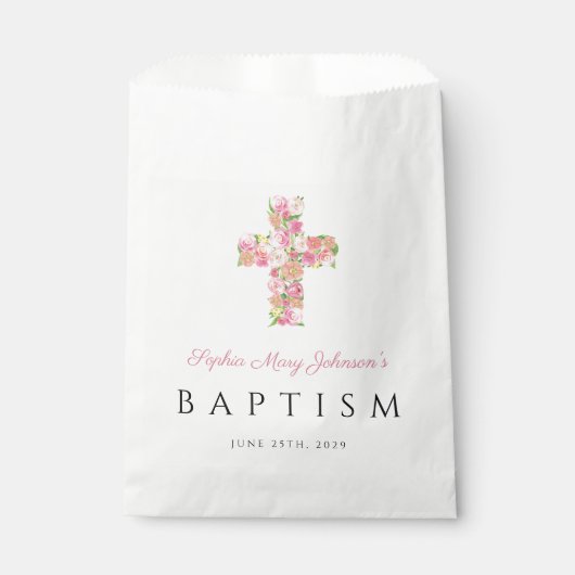 宗教的エレガントなピンクのフローラクロス洗礼 フェイバーバッグ (正面)