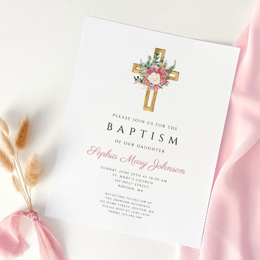 宗教的エレガントクロスピンクフローラガールバプテスマ 招待状