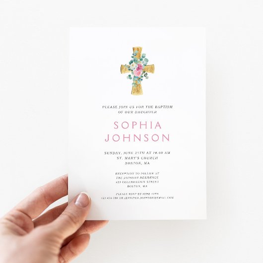 宗教的エレガントクロスピンクフローラガールバプテスマ 招待状