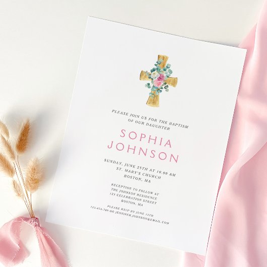 宗教的エレガントクロスピンクフローラガールバプテスマ 招待状