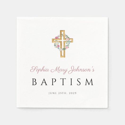 宗教的エレガントクロスピンクフローラバプテスマ スタンダードカクテルナプキン (正面)