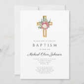 宗教的エレガントクロスピンクフローラバプテスマ 招待状 (正面)