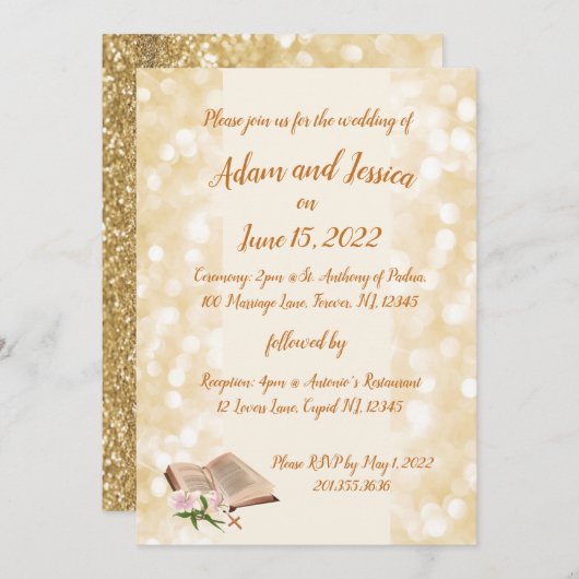 宗教的エレゲクラシックント金ゴールド結婚デザイン 招待状 (正面/裏面)