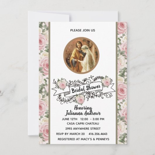 宗教的カトリックブライダルシャワーピンクローズ 招待状 (正面)