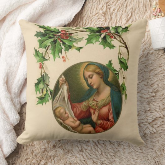 宗教的クリスマスヴァージンマリアベビーイエスフローラ クッション (ブランケット)