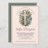 宗教的クロスウォーター色フローラガールバプテスマ 招待状 (正面/裏面)