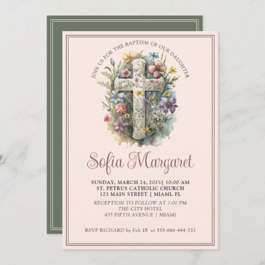 宗教的クロスウォーター色フローラガールバプテスマ 招待状 (正面/裏面)