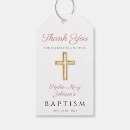 宗教的クロスガールピンクストライプ色バプテスマ ギフトタグ