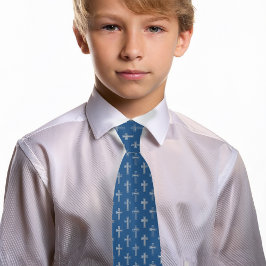 宗教的クロスクラシックブルーフェイクシルバーコミュニオン ネクタイ