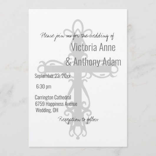 宗教的クロスクリスチャンのメタリック結婚シルバー 招待状 (正面)