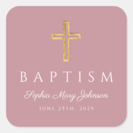 宗教的クロスダスティピンクの女の子のバプテスマ スクエアシール