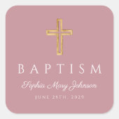 宗教的クロスダスティピンクの女の子のバプテスマ スクエアシール (正面)