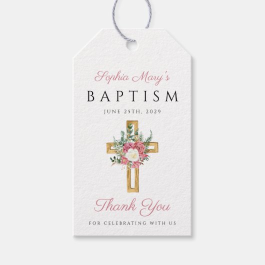 宗教的クロスピンクフローラガールバプテスマありがとう ギフトタグ (正面)
