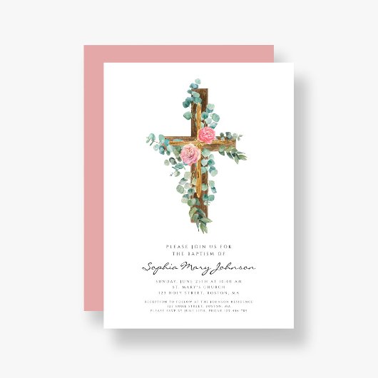 宗教的クロスピンクフローラガールバプテスマ 招待状