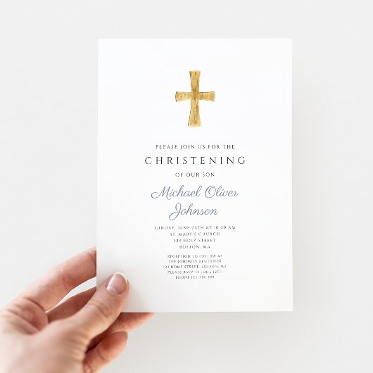 宗教的クロスブルーストライプ《キリスト教》洗礼式や命名式 招待状