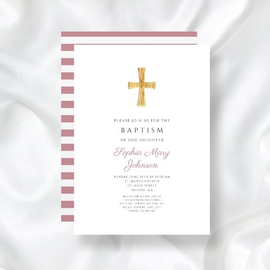 宗教的クロスモダンピンクストライプの女の子バプテスマ 招待状