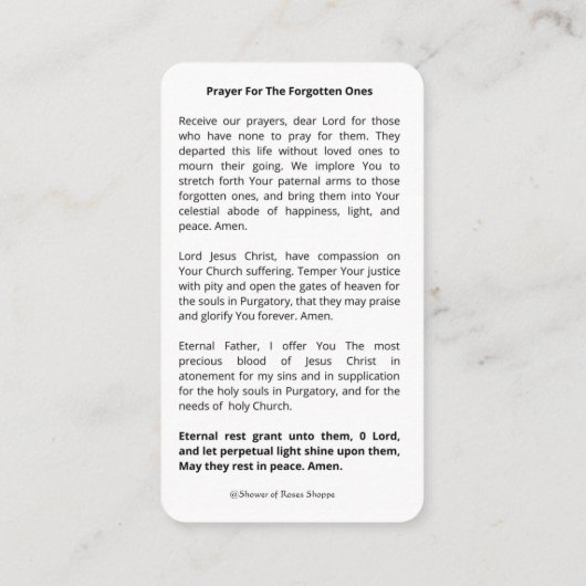 宗教的グアダルーペパーガトリー祈りの言葉神聖なカード プレイスカード (裏面)