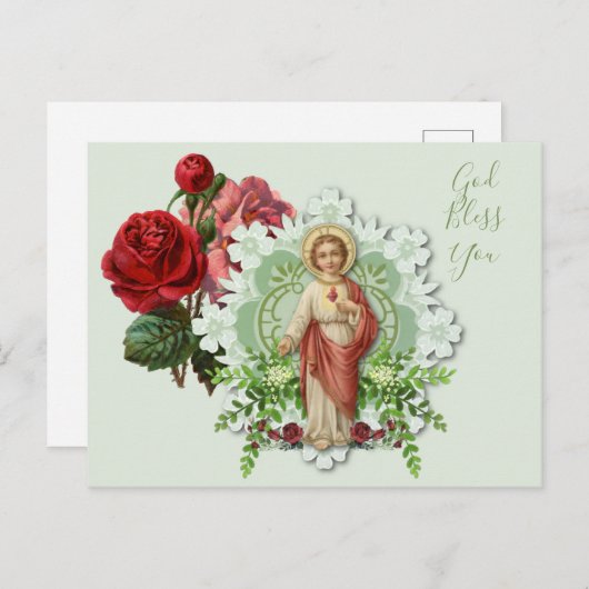 宗教的フローライエスカトリック祈りの言葉ヴィンテージ ポストカード (正面/裏面)