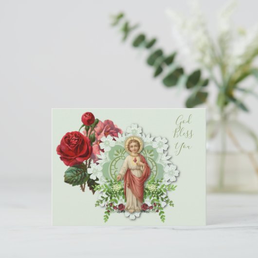 宗教的フローライエスカトリック祈りの言葉ヴィンテージ ポストカード (スタンド正面)