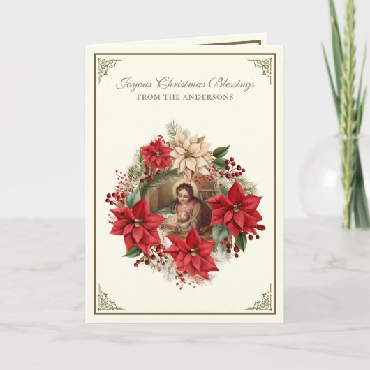 宗教的メリークリスマス出生ポインセチア シーズンカード (正面)