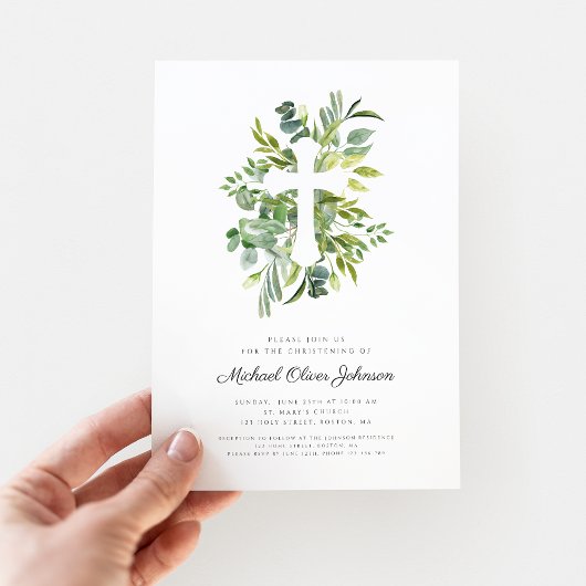 宗教的モダンクロスグリーン《キリスト教》洗礼式や命名式 招待状
