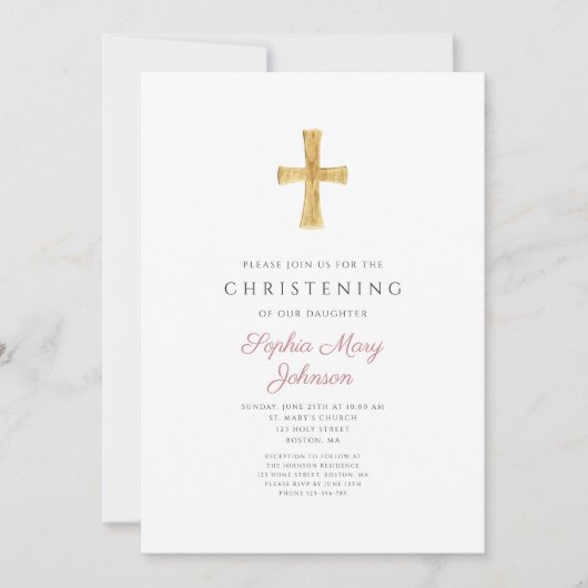 宗教的モダンクロスピンクストライプ《キリスト教》洗礼式や命名式 招待状 (正面)