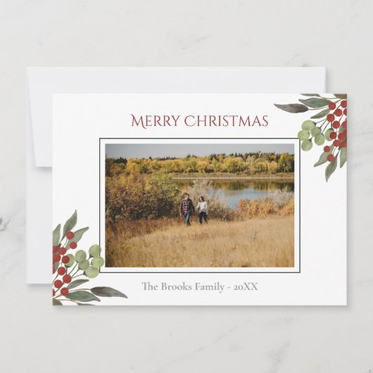 宗教的モダン脚赤ホリーのクリスマスフォト シーズンカード (正面)