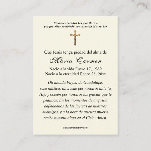 宗教的ヴァージンメアリスペインのー葬儀祈りの言葉プラック プレイスカード (裏面)