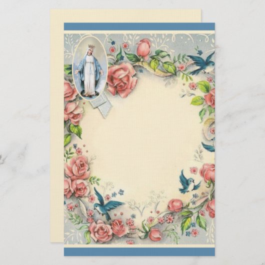 宗教的ヴァージンメアリーピンクローゼズブルーバード 便箋 (正面/裏面)