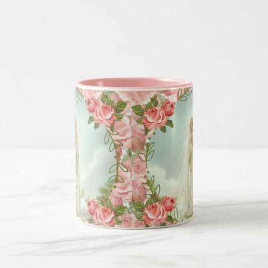 宗教的ヴァージンメアリーファティマピンクヴィンテージバラ ツートーンマグカップ (中央)