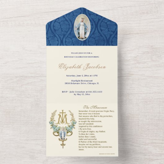 宗教的ヴァージンメアリーブルーフローラ誕生日ヴィンテージ オールインワン招待状 (内側)