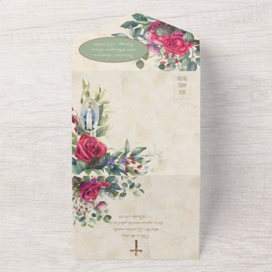 宗教的ヴァージンメアリーレッドローゼスポサレット オールインワン招待状 (外側)