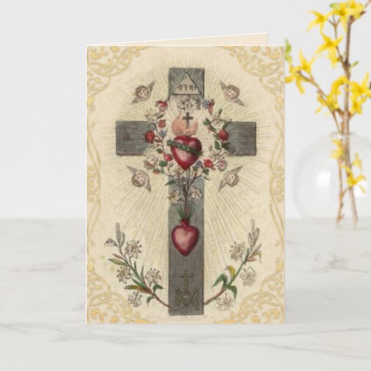 宗教的ヴィンテージクロス祈りの言葉聖フランシス・デセール カード (黄色い花)