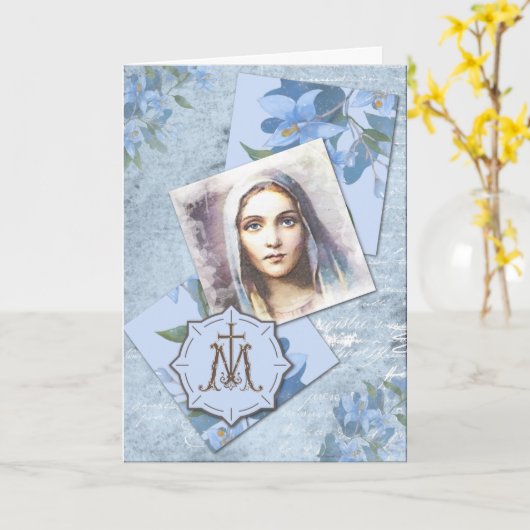 宗教的ヴィンテージヴァージンメアリーフローラ誕生日 カード (黄色い花)