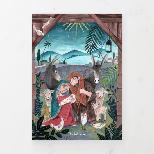 宗教的出生シーンのクリスマスフォトカード 三つ折り招待状 (カバー)