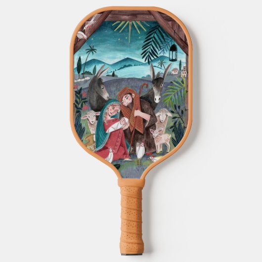 宗教的出生シーン青、赤マリア&イエス ピックルボールラケット (正面)