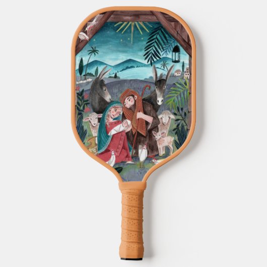 宗教的出生シーン青、赤マリア&イエス ピックルボールラケット (裏面)