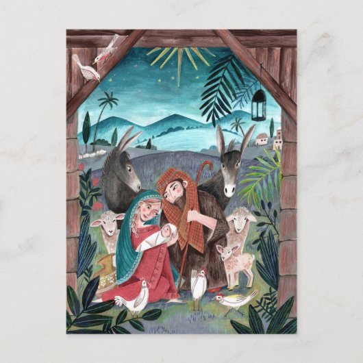 宗教的出生シーン青、赤メアリー&ジョセフ シーズンポストカード (正面)