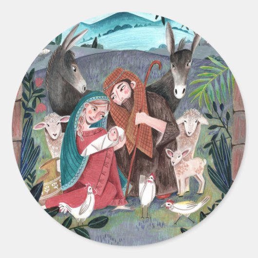 宗教的出生シーン青、赤メアリー&ジョセフ ラウンドシール (正面)
