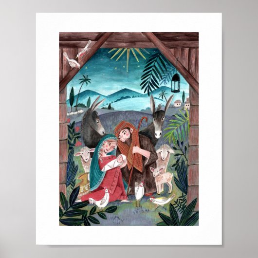 宗教的出生シーン青、赤メアリー&ジョセフH ポスター (正面)