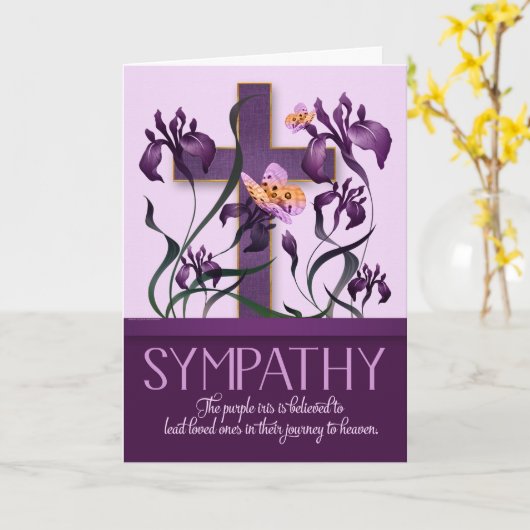 宗教的悔やみや弔慰パープルアイリスガーデンとクロス カード (黄色い花)