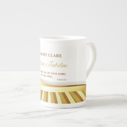 宗教的生活の個人的で金色のジュビリー ボーンチャイナマグカップ (正面右)