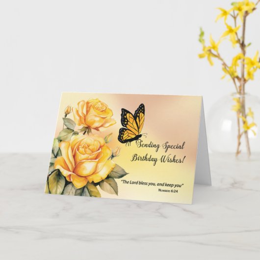 宗教的誕生日イエローローズ（昆虫）オオカバマダラ、モナークバタフライ カード (黄色い花)