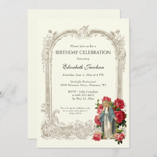 宗教的誕生日エレガントレッドローゼアンジェルス 招待状 (正面/裏面)