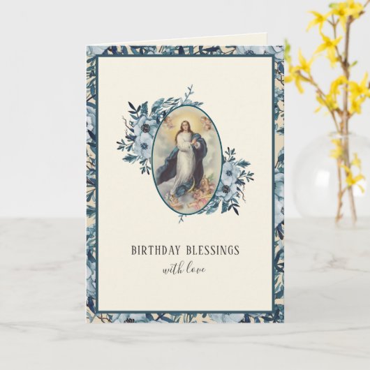 宗教的誕生日ヴァージンメアリーフローラヴィンテージ カード (黄色い花)